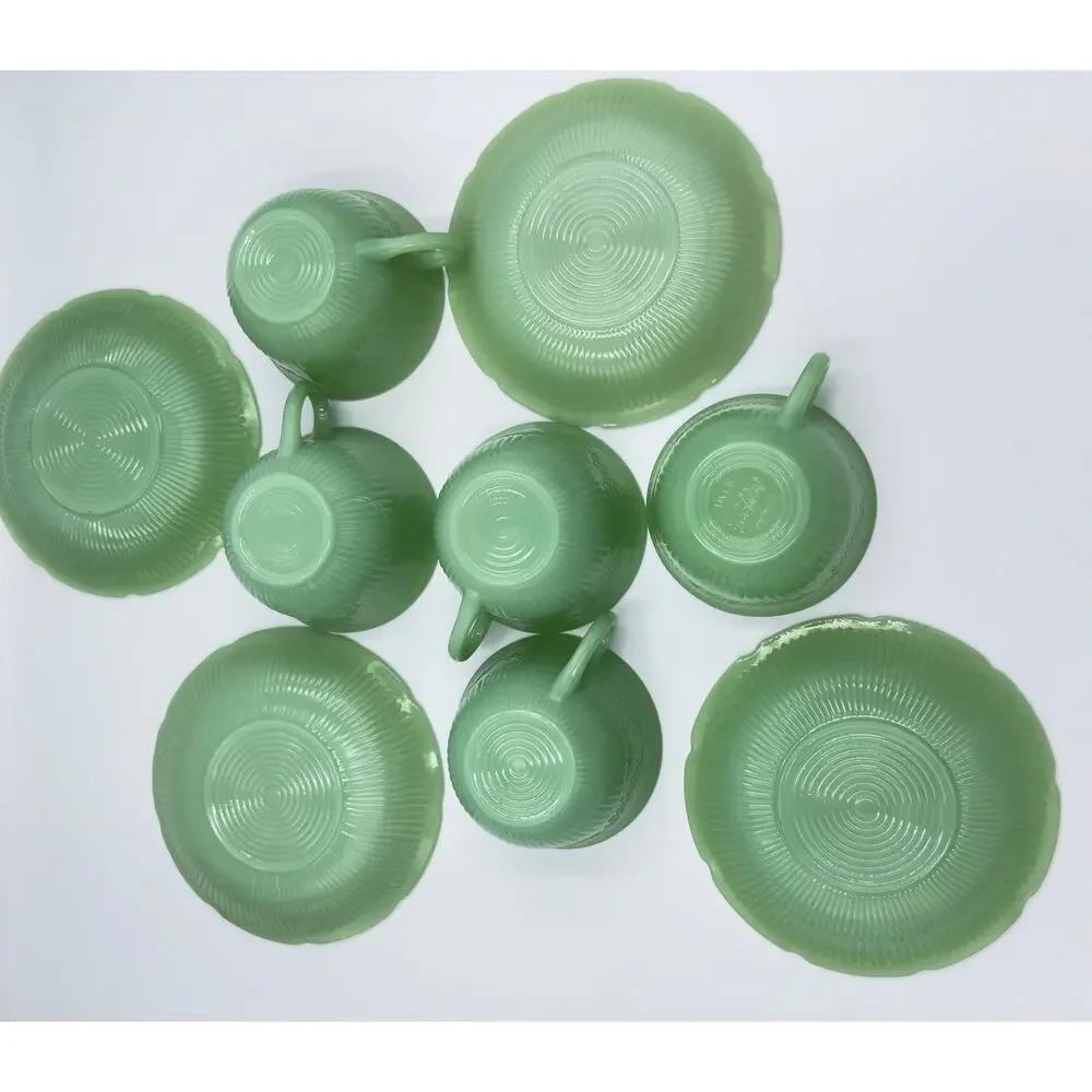 Anchor Hocking Fire King ALICE Jadeite Coffee Tea Cup & Saucer 9pc Lot